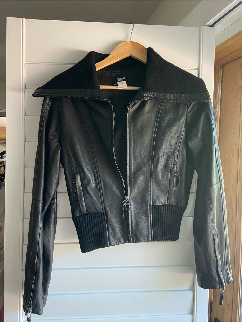 Philippe Adec Black Leather Bomber Jacket with Knit Collar